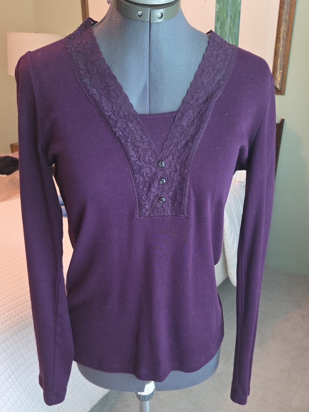 Ralph Lauren Deep Purple Lace-Trim Long Sleeve Tee